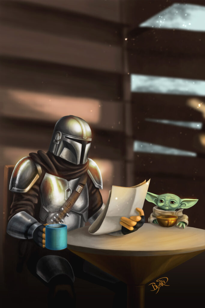 The Mandalorian is drinking a cup of coffee while reading the paper. Grogu is at the table with a bronze bowl in front of him.