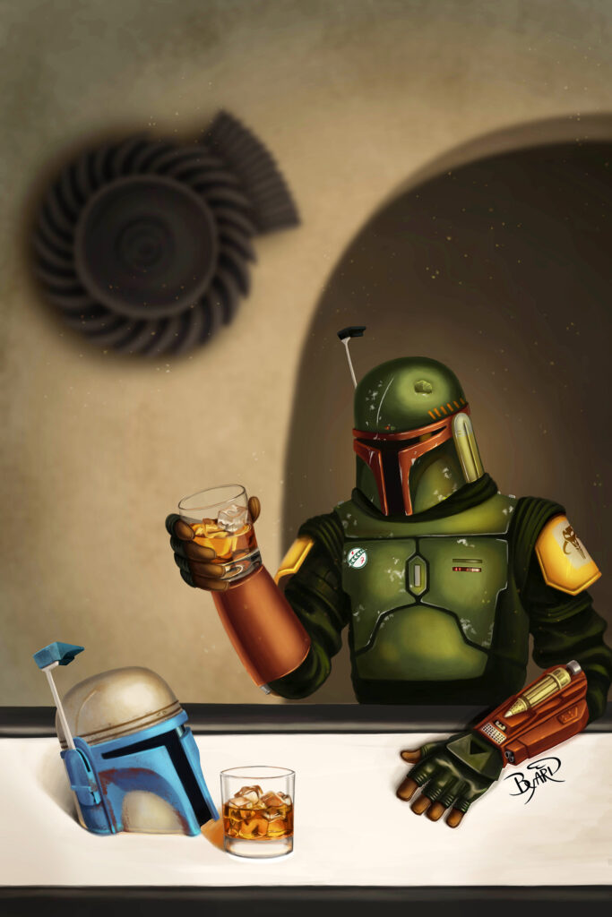 Boba Fett is raising a glass of liquor to honor his father. His father's helmet is sitting on the bar with a glass of liquor nearby.
