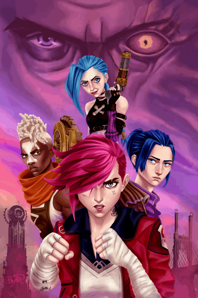 Vi, Caitlyn, Ekko, and Jinx are assembled with Silco's eyes in the sky behind them.