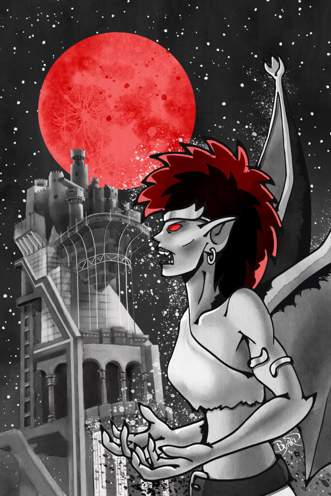 A black and white illustration of Demona screeching in front of the Eyrie Building. A blood red moon hangs in the night sky.