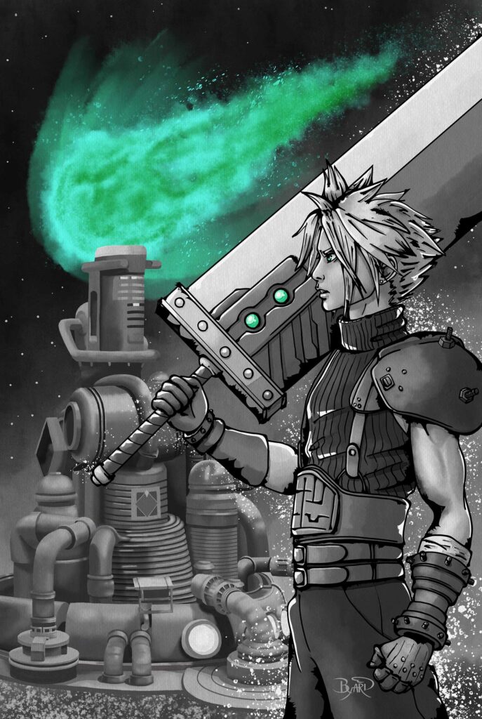 A black and white illustration of Cloud from Final Fantasy 7. He's holding his Buster Sword and standing in front of the Shinra building. A greenish meteor looms in the night sky.