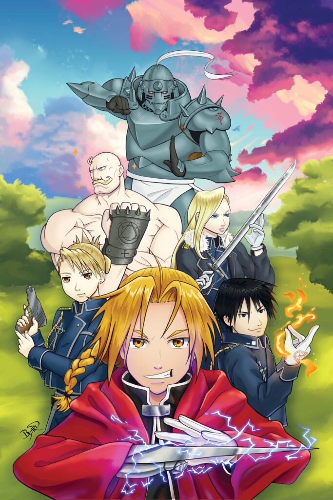 Edward Elric is in the foreground and Al is in the back. Between them stand Hawkeye, the Armstrong siblings, and Mustang. They are all posed for battle.