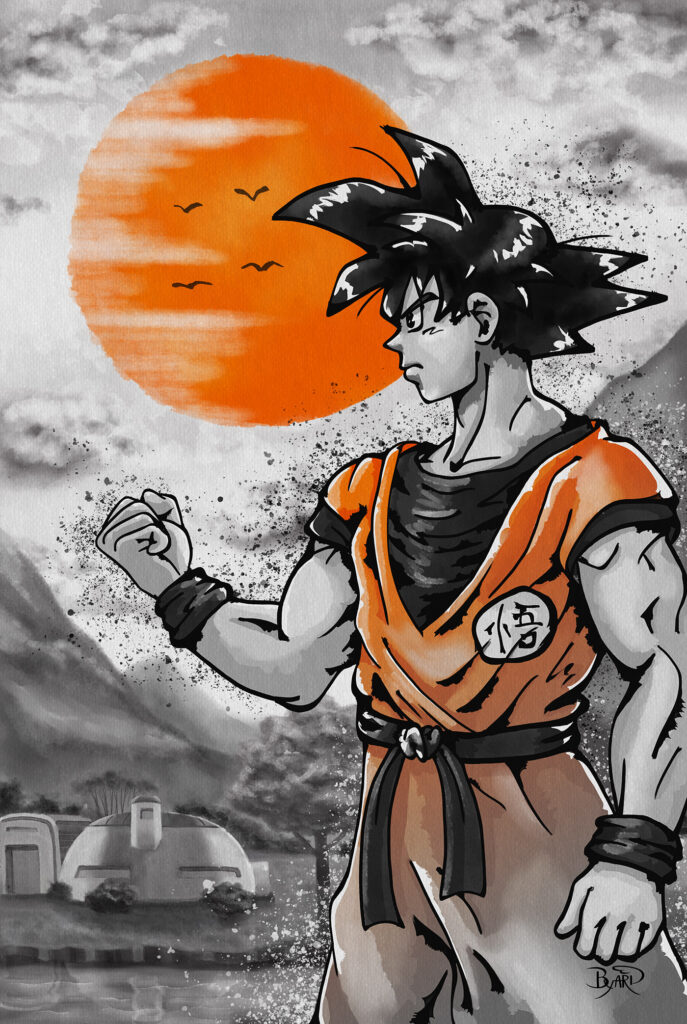 A black and white illustration Goku in front of his house and an orange sun hanging in the partly cloudy sky.