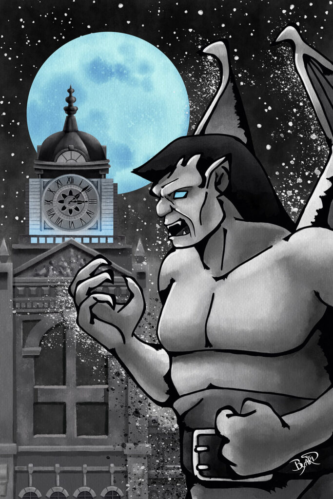 A black and white illustration of Goliath in front of the clock tower with a blue moon in the night sky.