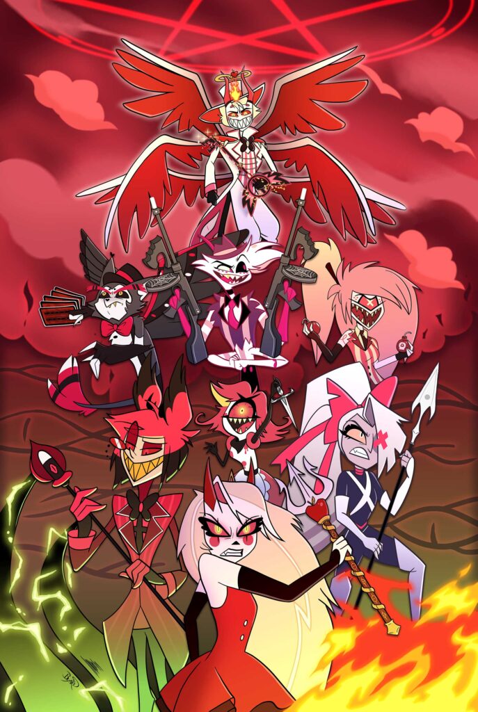 Charlie, Vaggie, Alastor, Cherry Bomb, Nifty, Angel, Husk, and Lucifer are in their fighting outfits and posed for battle.