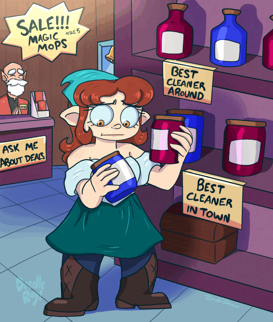 A halfling shopping in a store