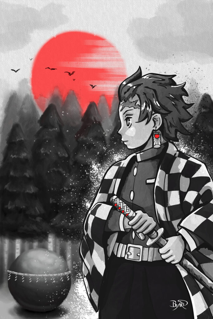 A black and white illustration of Tanjiro ready to draw out his sword. He stands in front of trees with a boulder in the middle ground. A red sun peers over the trees in the background.