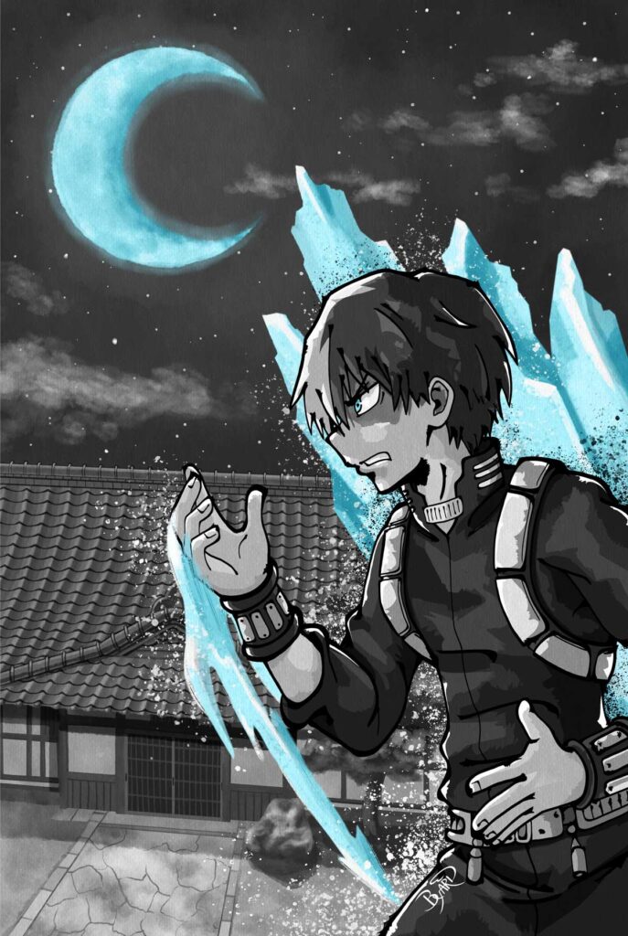 A black and white illustration of Todoroki displaying his icy powers in front of his family's home. A blue crescent moon hangs in the night sky.
