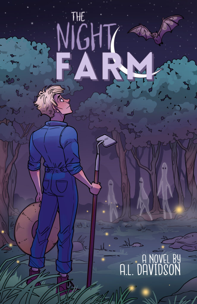 A young man with a garden hoe stands in a forest looking up at the night sky. Ghosts are standing in the trees and fireflies are in around the grass. The Night Farm is in purple letters along the top.