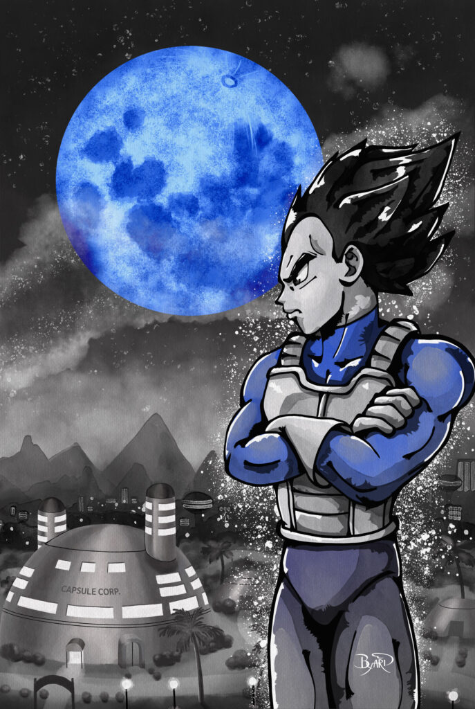 A black and white illustration Vegeta standing in front of the Capsule Corp building with his arms crossed. A bright blue moon takes up the night sky.