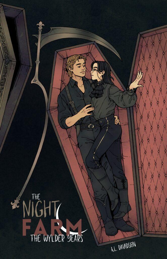 A couple poses in a coffin with the lid open, a scythe and a second coffin can be seen. The Night Farm: The Wylder Years is written in the bottom corner.